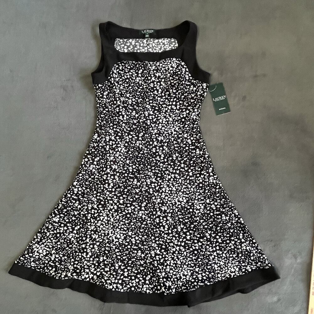 Lauren Ralph Lauren NWT Women’s Fit & Flare Dress Sz 4 Ditsy Floral Black White